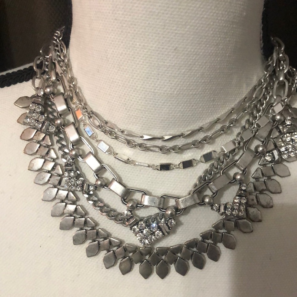 Stella & Dot Sutton Multi Strand Silver Necklace with Crystal Details